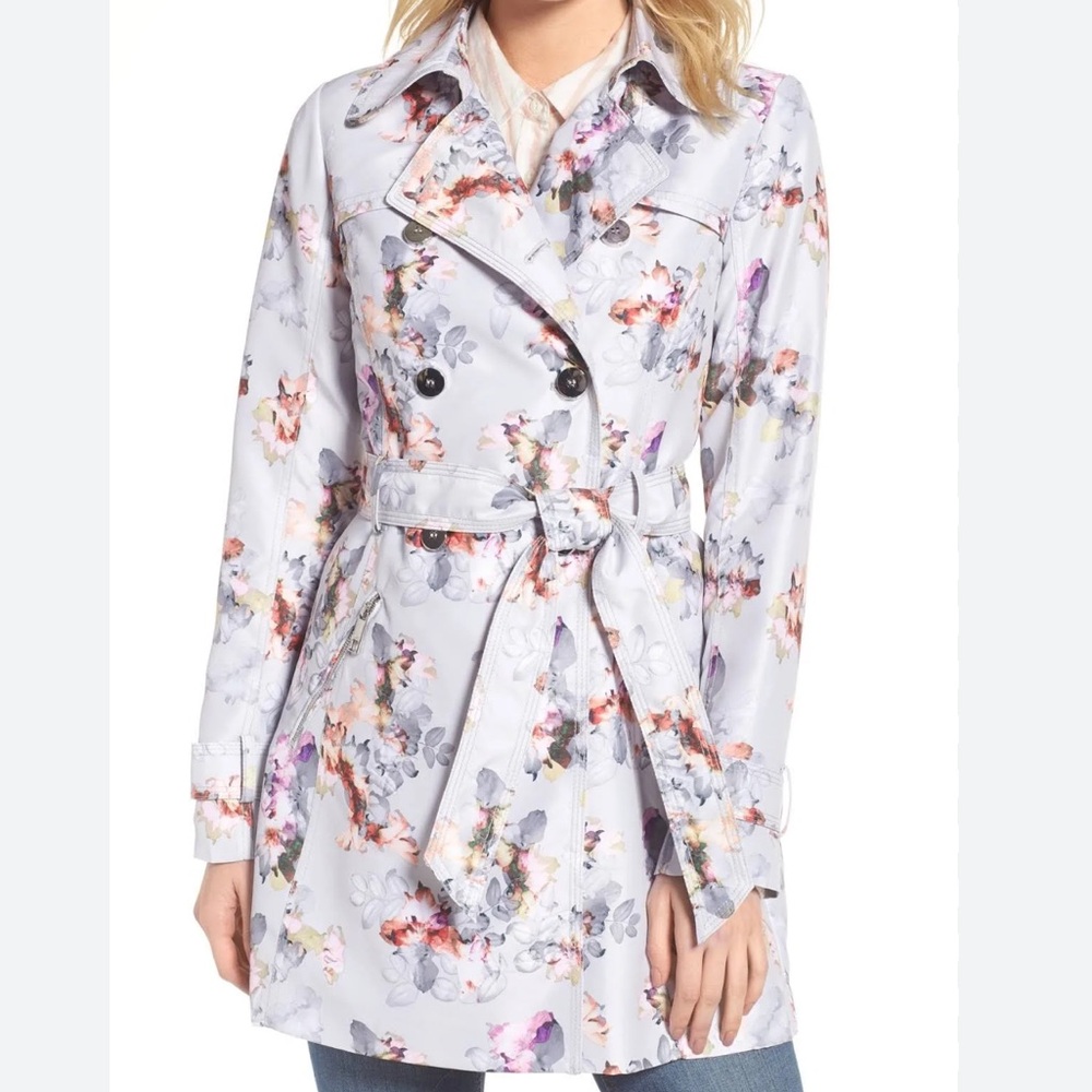 Guess Floral Double Breasted Water Resistant Trench Coat Size Medium